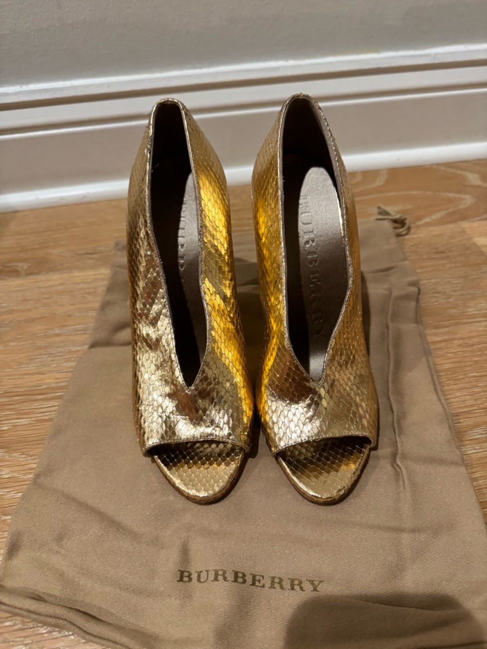 Burberry Gold Snakeskin Peep-Toe Heels